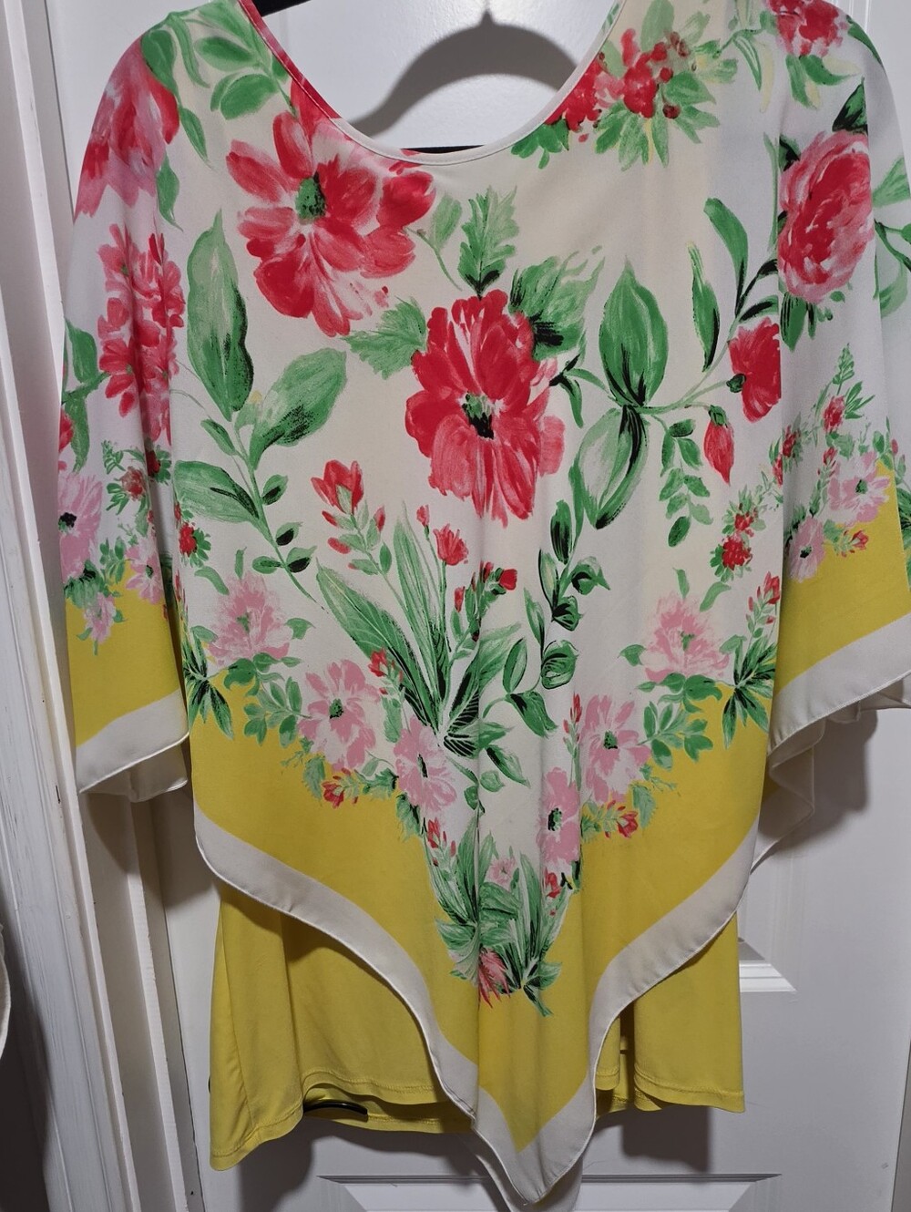 Investments Yellow Floral Poncho Top with Pink & Green Print - Picture 3 of 8
